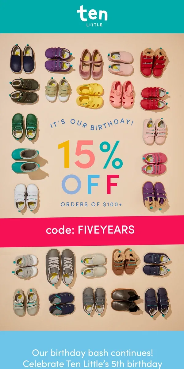 Email from Ten Little. ICYMI: Get 15% off sitewide! 🎉