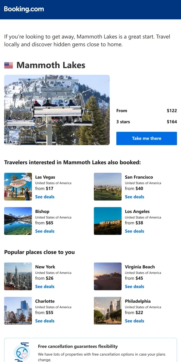 Email from Booking.com. A stay in Mammoth Lakes from $122 – now that's a good price!