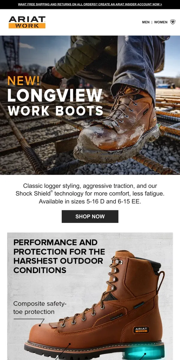 Email from Ariat. Work Outdoors? Longview Shock Shield® is Your Boot­