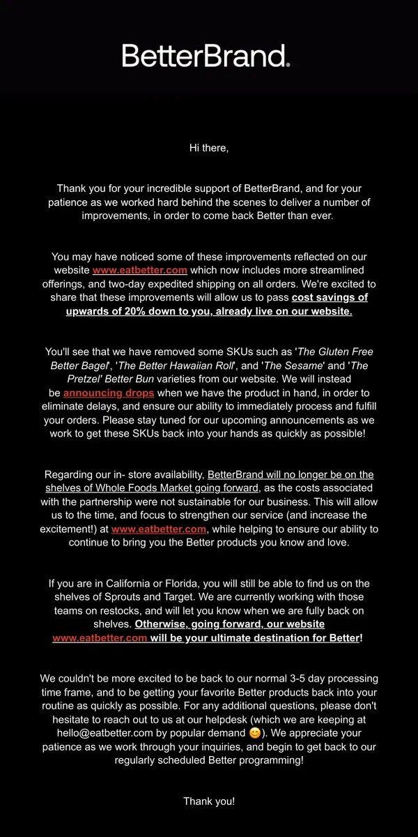 Email from BetterBrand. 🥯 Some exciting updates to our business