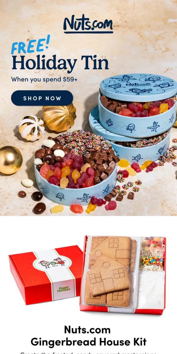 Email from Nuts.com. Unwrap Joy: Your Free Holiday Tin Awaits!