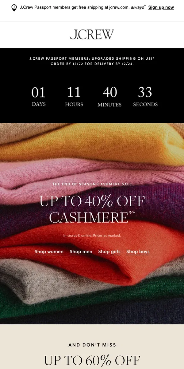 Email from J.Crew. Up to 40% off cashmere + free delivery by 12/24!