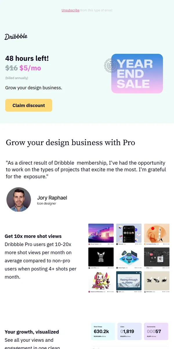 Email from Dribbble. ⚡️48 Hours Left to Get 70% off Dribbble Pro!⚡️