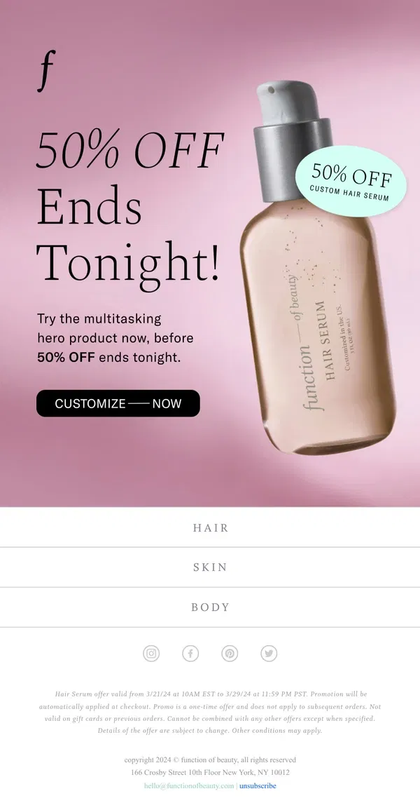 Email from Function of Beauty. Say 👋 to 50% off Serum