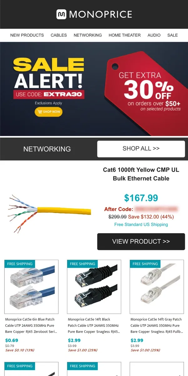 Email from Monoprice. Networking DEALS | Extra 30% OFF Orders $50+ (Select Items Only!)