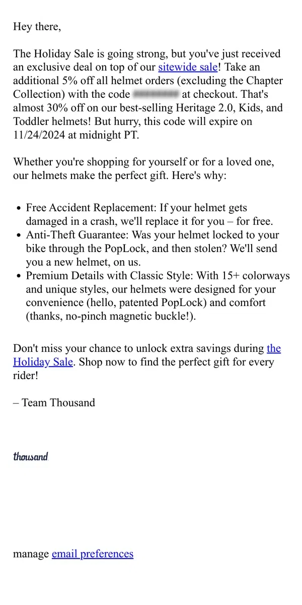 Email from Thousand Helmets . Just For You: Extra Savings Inside