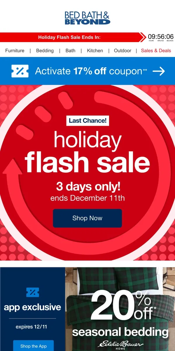 Email from Bed Bath & Beyond. 📢 LAST CALL 📢 Holiday Flash Sale Ends Tonight