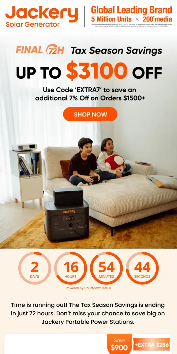 Email from Jackery. 🔔Final 72 Hrs! Up to $3100 Off-Tax Season Savings Ending Soon!