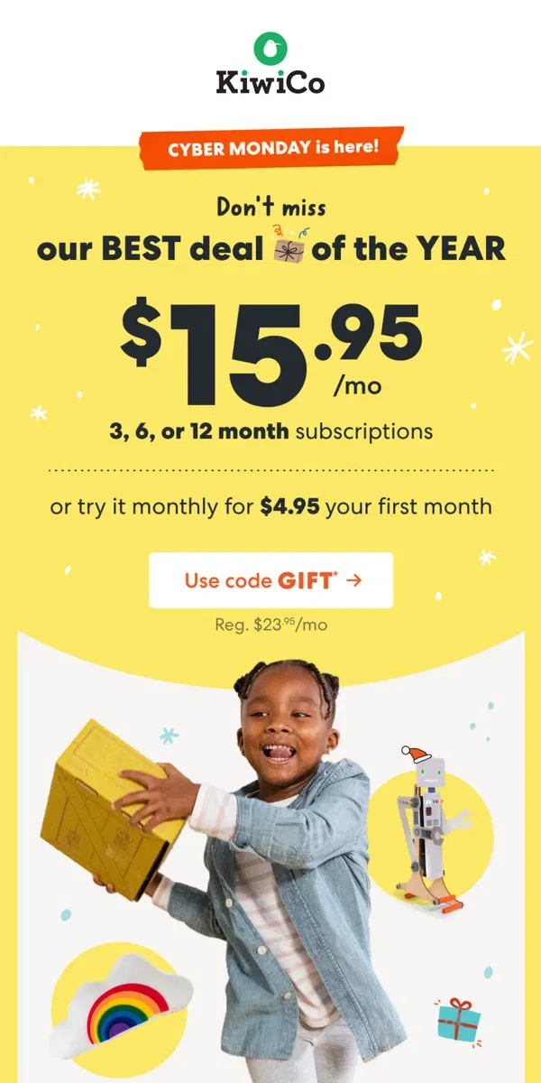 Email from KiwiCo. LAST CHANCE for Cyber Monday savings!