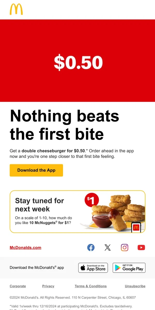 Email from McDonald's. $0.50 for a perfect first bite 🍔