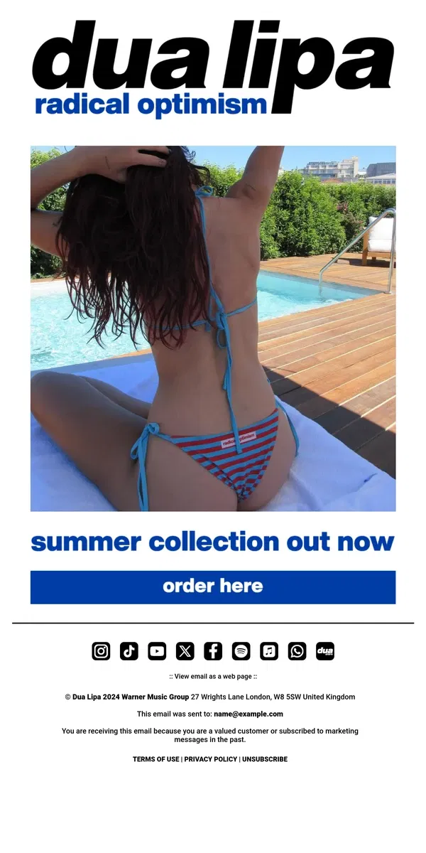 Email from Dua Lipa. SUMMER COLLECTION OUT NOW 🌞🌊🩵