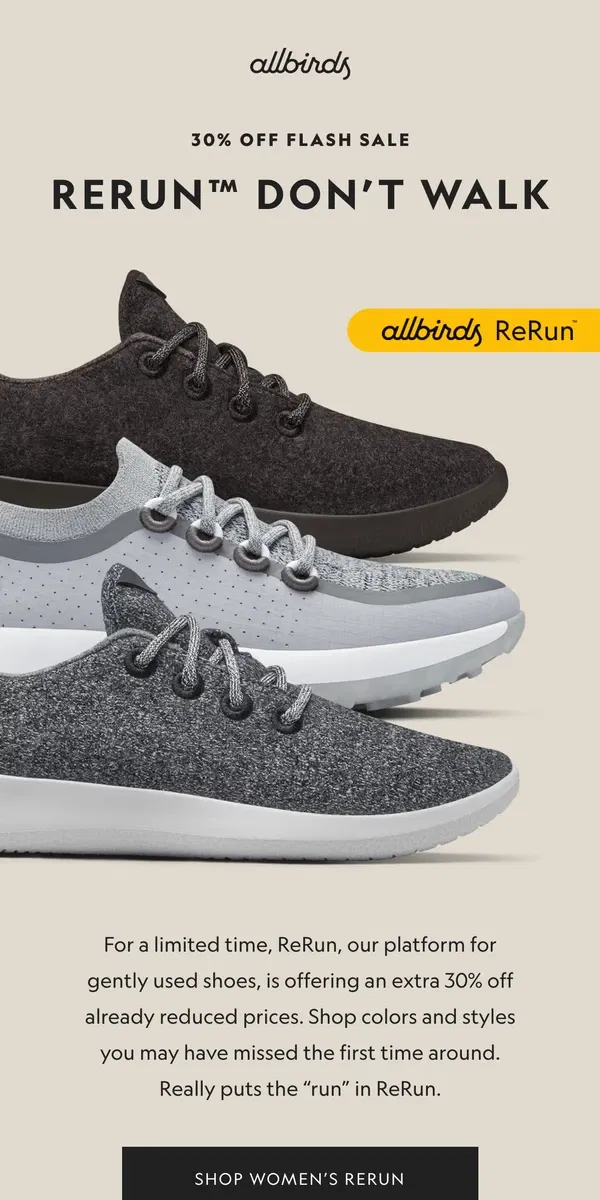 Email from Allbirds. 📣 30% Off Only On Allbirds ReRun 📣