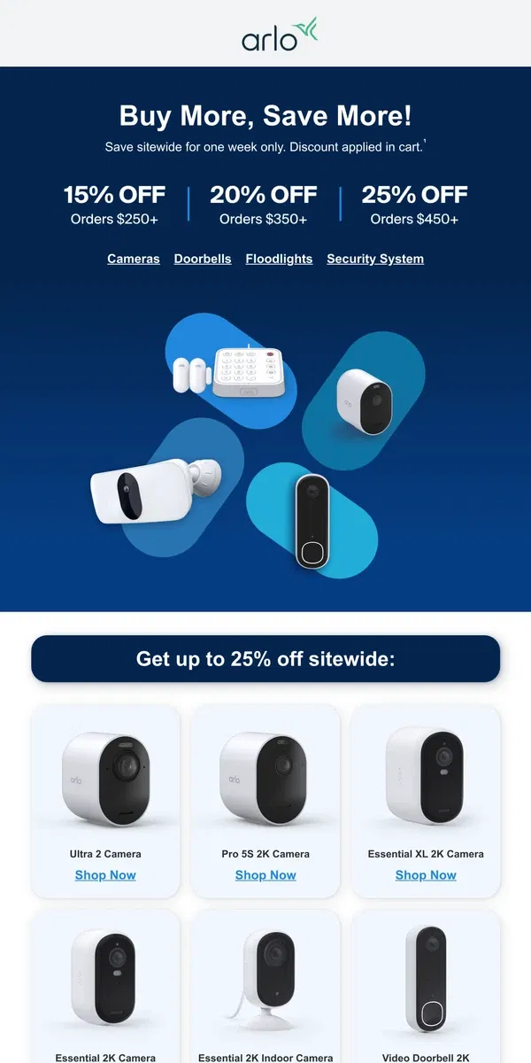 Email from Arlo. Sitewide security savings!