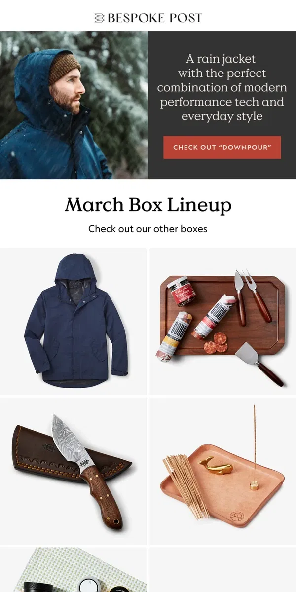 Email from Bespoke Post. New March Box: A Triple-Layer, Weather-Resistant Jacket