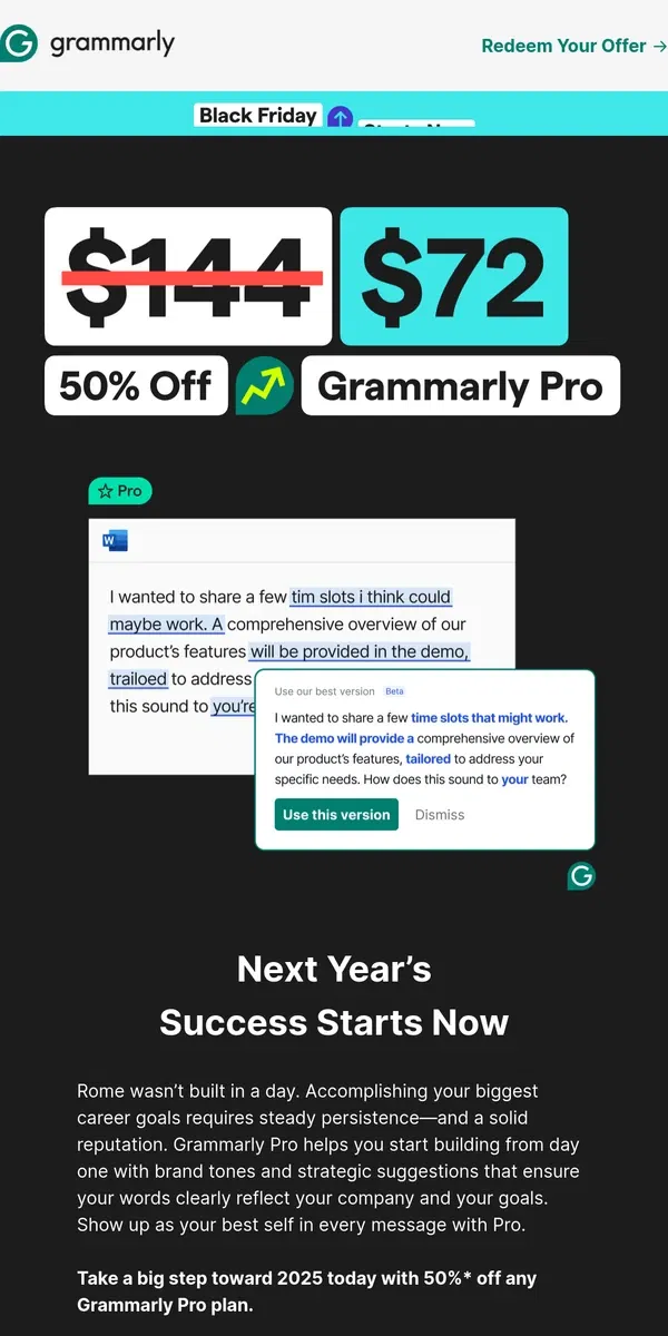 Email from Grammarly. Black Friday: 50% off Pro—starts now!