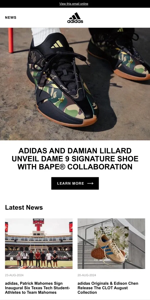 Email from Adidas. adidas and Damian Lillard Unveil Dame 9 Signature Shoe with BAPE® Collaboration