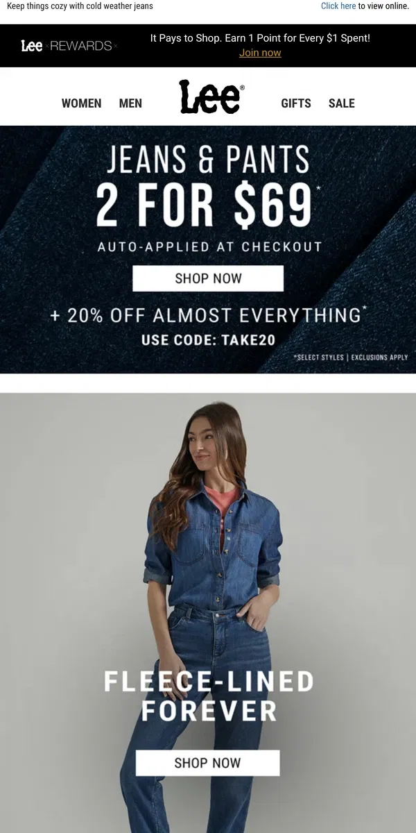 Email from Lee. 2 for $69 Jeans & Pants