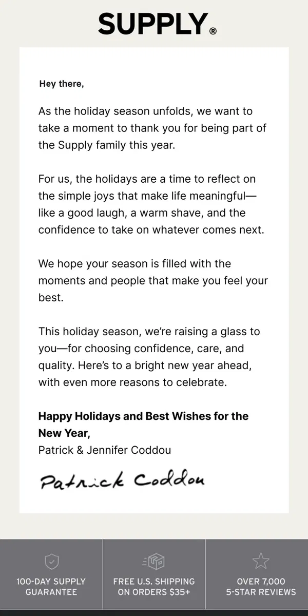 Email from Supply. Wishing You a Happy Holidays