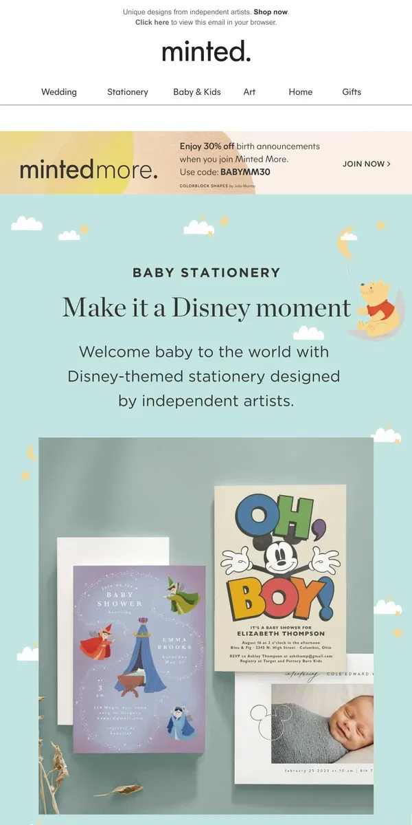 Email from Minted. Celebrate baby with Disney