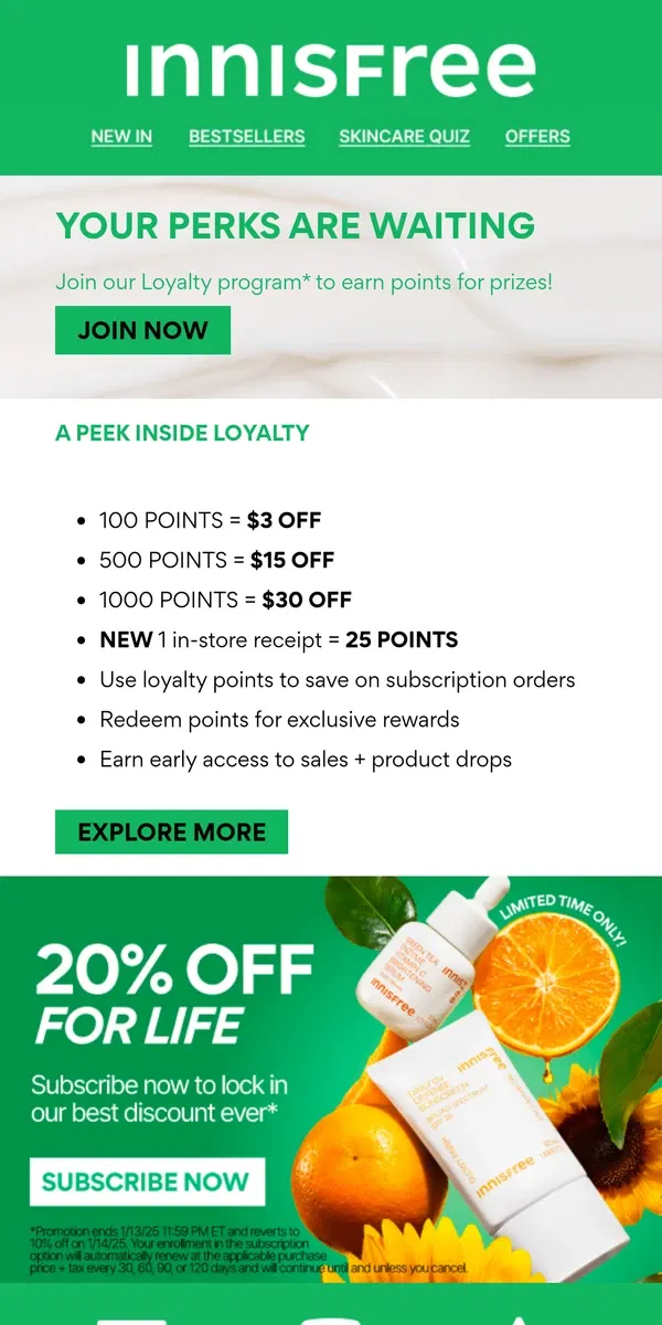 Email from innisfree. Loyalty Points Check In!