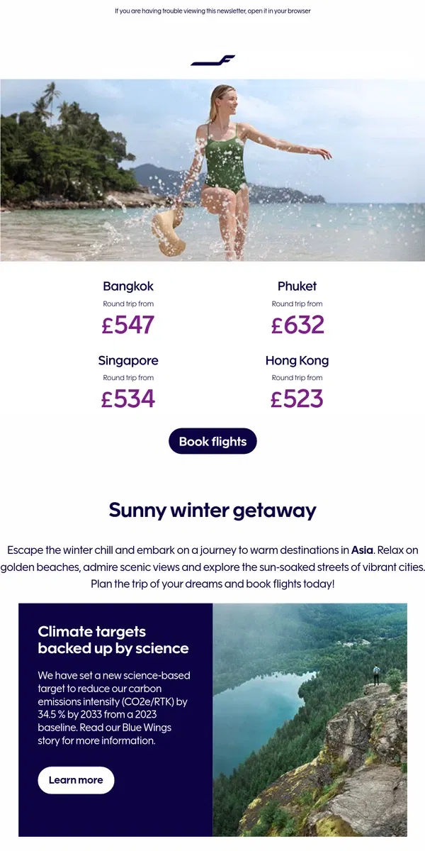 Email from Finnair. Sunny destinations await in Asia