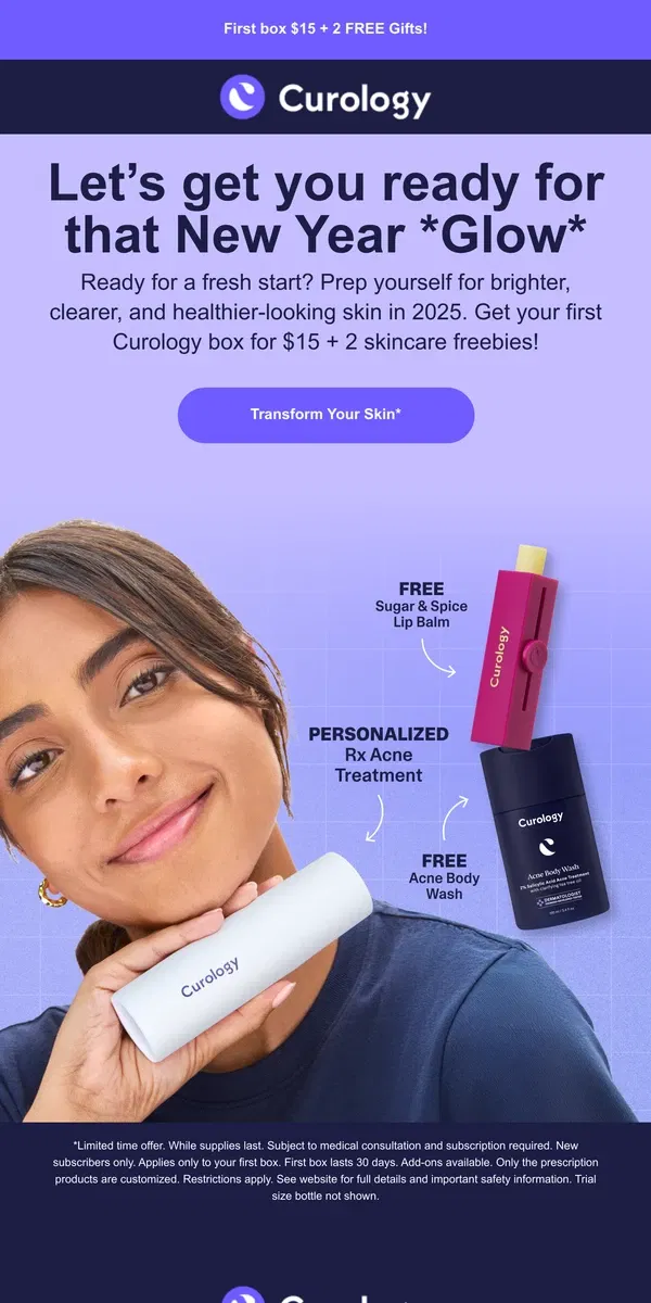 Email from Curology. Get Your Custom Skincare Box for Just $15