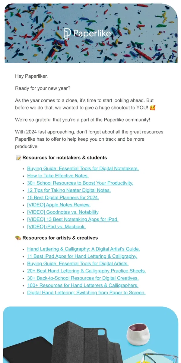 Email from Paperlike. Goodbye 2023. 👋 Hello 2024!