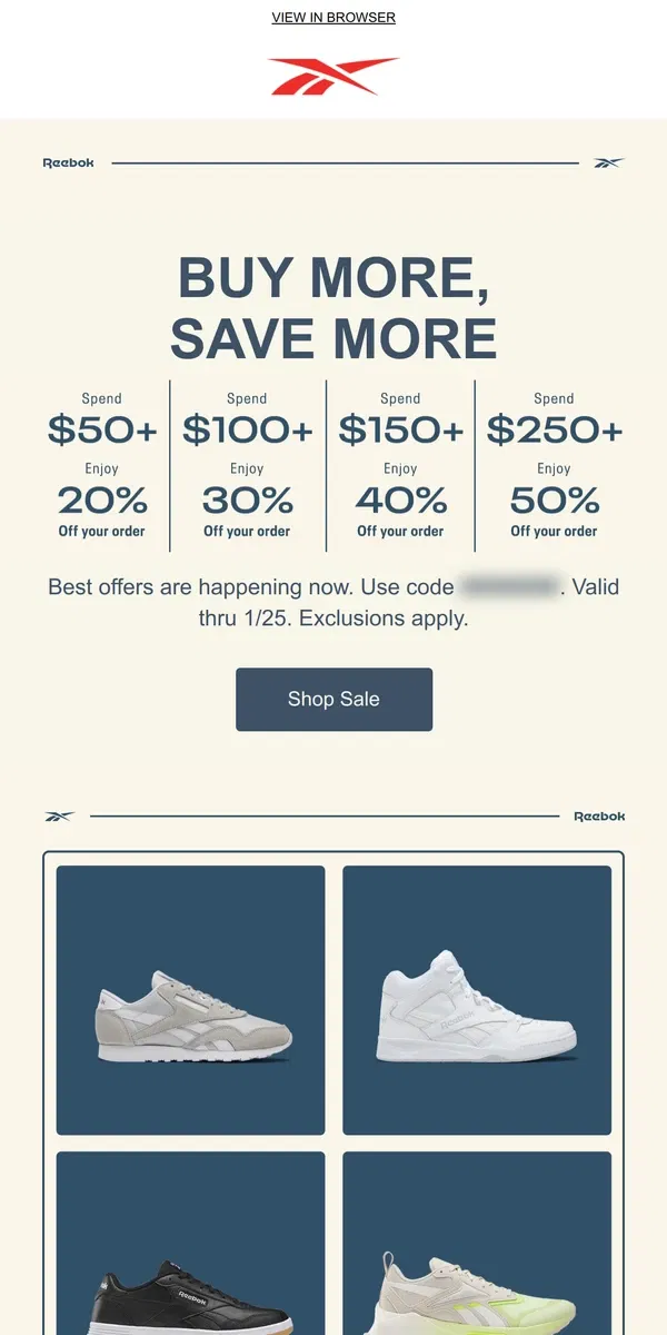 Email from Reebok. Up to 50% off starts today