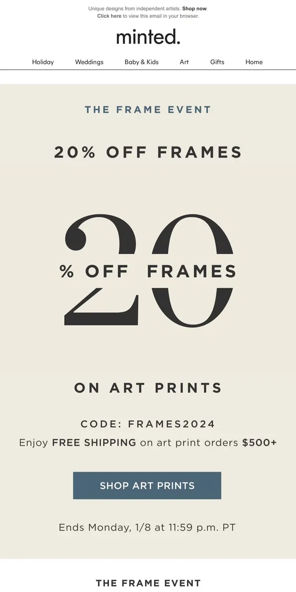 Email from Minted. Just launched: 20% off frames!