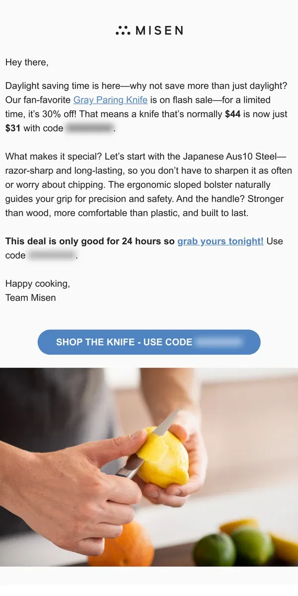 Email from Misen. Flash Sale: Grab a Knife for 30% Off!