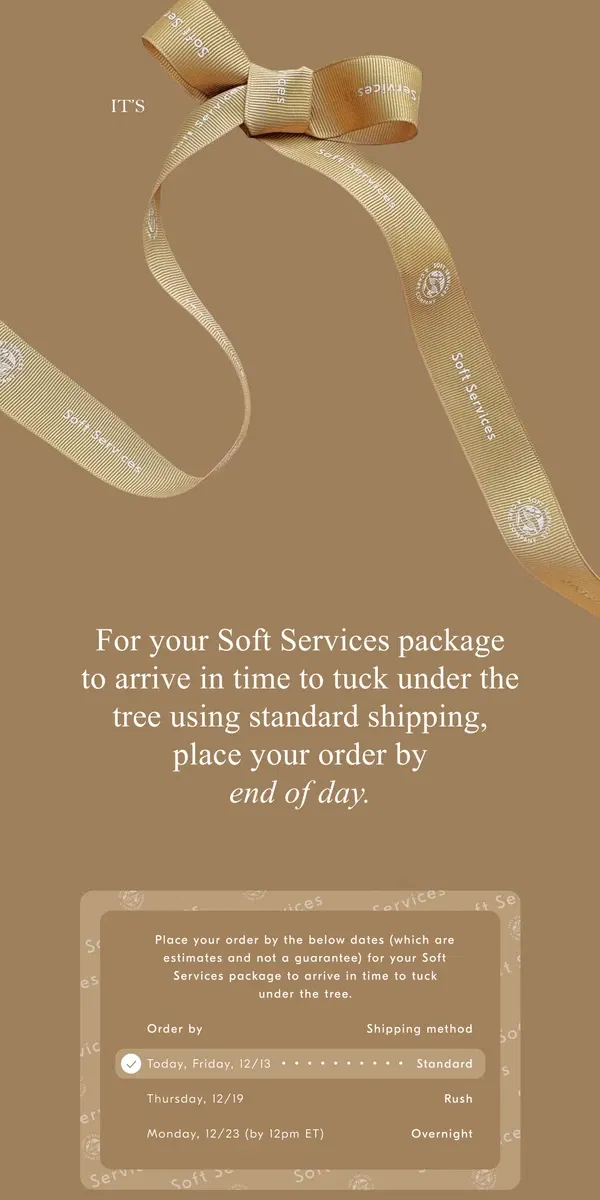 Email from Soft Services. Order by end of day to receive by Christmas. 🎁