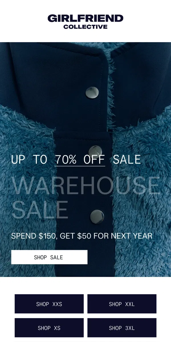 Email from Girlfriend Collective. GOING STRONG: THE WAREHOUSE SALE