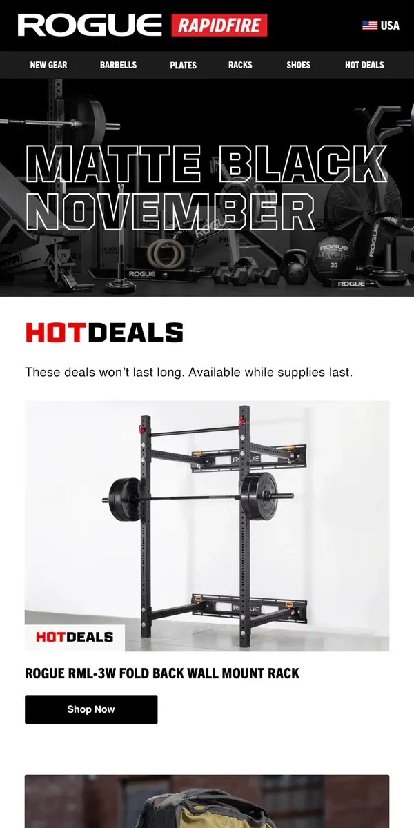 Email from Rogue Fitness. Last Chance on Matte Black November Hot Deals: Rogue RML-3W Fold Back Wall Mount Rack, Rogue Dumbbell Set & More!