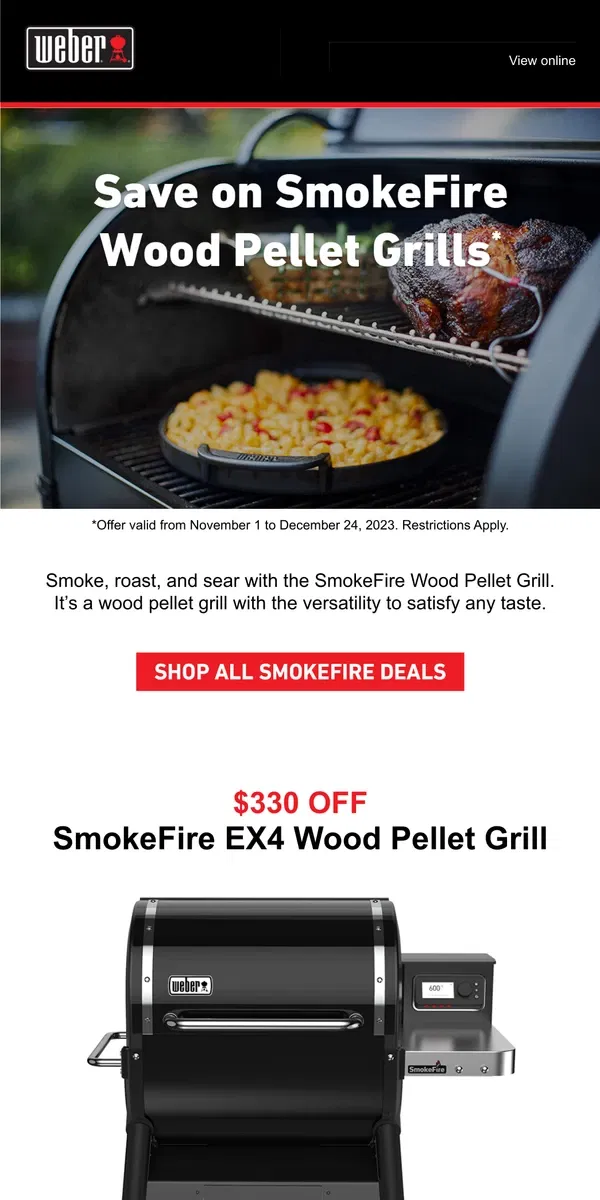 Email from Weber. Limited Time! ⏱️ Save on Smokefire Wood Pellet Grills