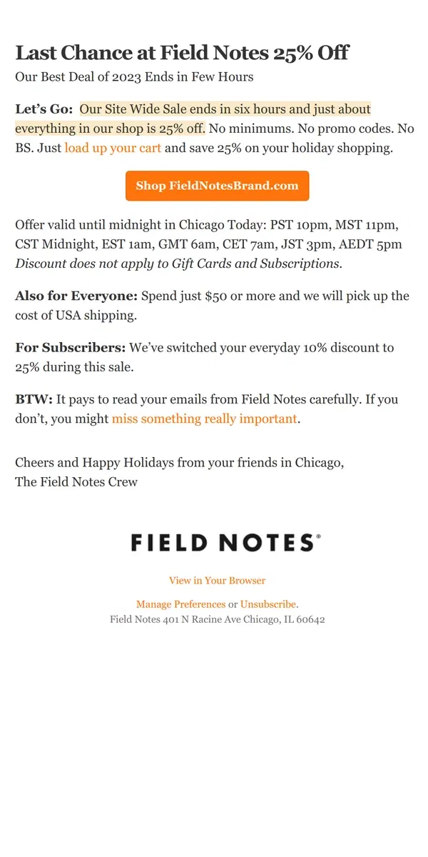 Email from Field Notes. Last Chance at Field Notes 25% Off