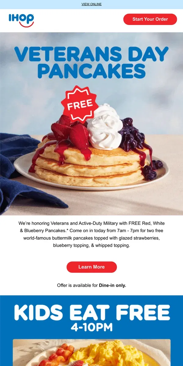 Email from IHOP. FREE Pancakes honoring those who served 🇺🇸