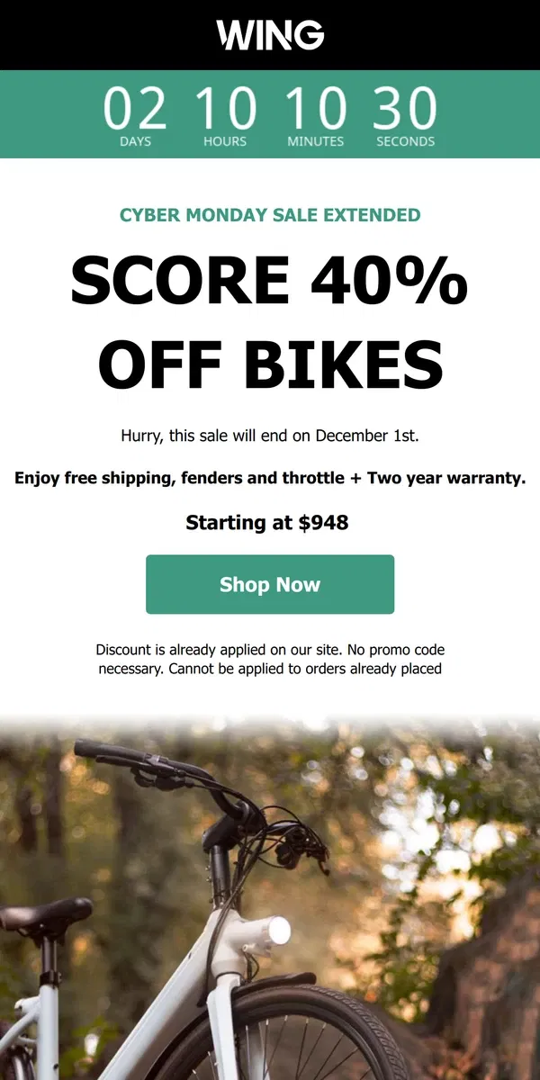 Email from Wing Bikes. ONE WORD: E X T E N D E D