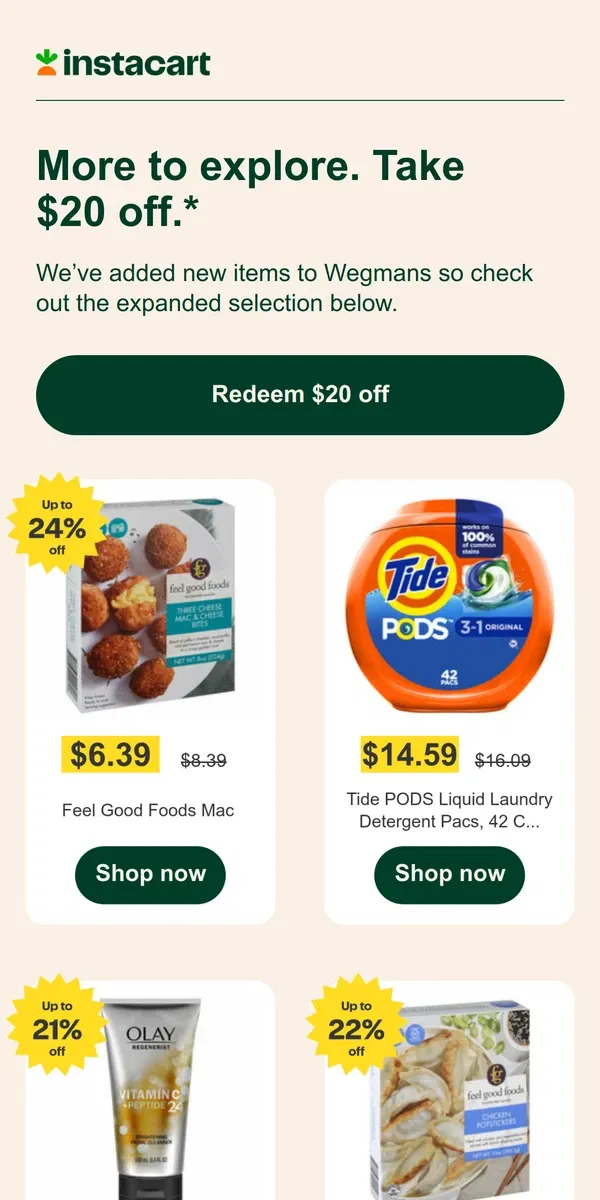 Email from Instacart. Get $20 off & discover new items at Wegmans