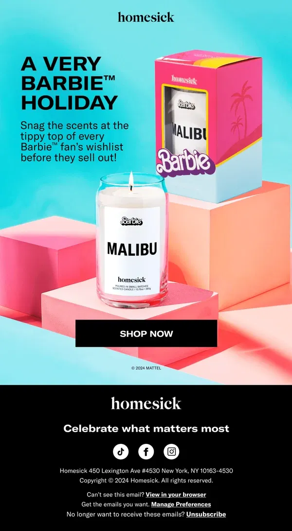 Email from Homesick Candles. Selling FAST: Barbie™ Holiday Gifts