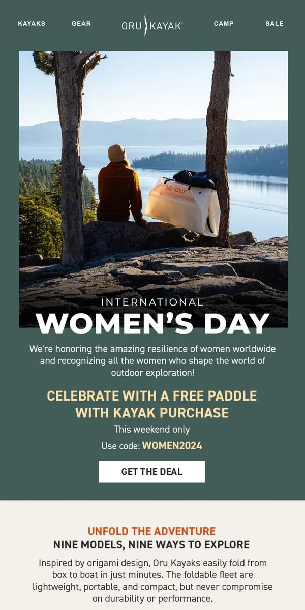 Email from Oru Kayak. Happy International Women's Day 🚣🏾‍♀️