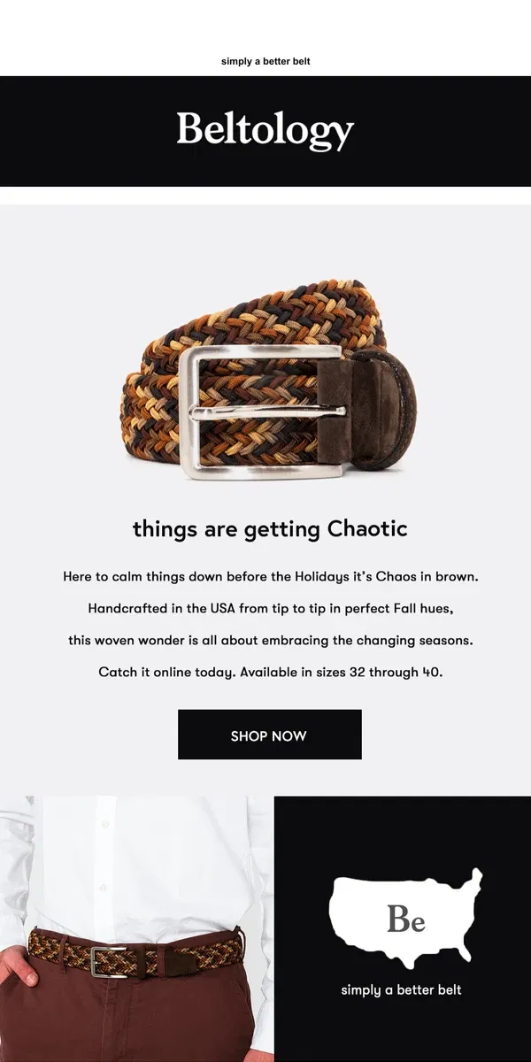 Email from Beltology. The perfect Thanksgiving belt: Chaos