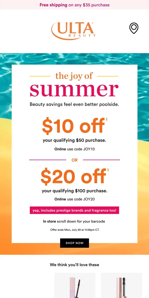 Email from Ulta Beauty. Want $10 or $20 OFF your next beauty splurge? 🤑