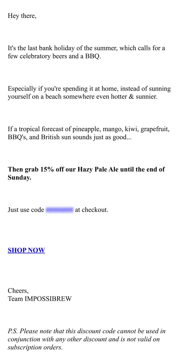 Email from IMPOSSIBREW. 🚨🍍 15% off - Make this bank holiday a tropical one