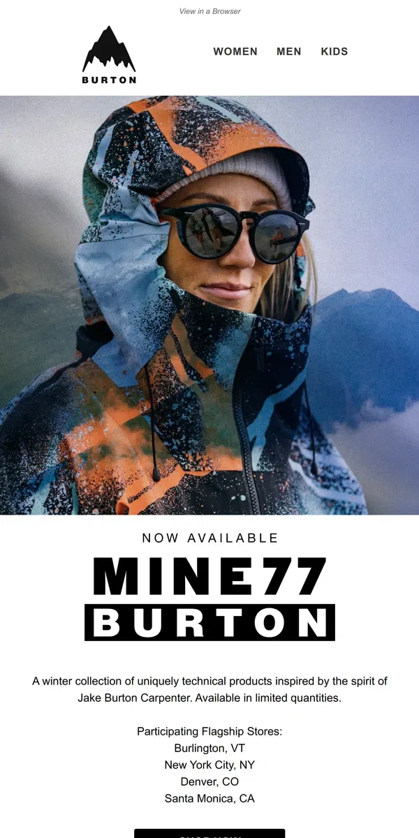 Email from Burton. Burton MINE77 Winter Collection is LIVE