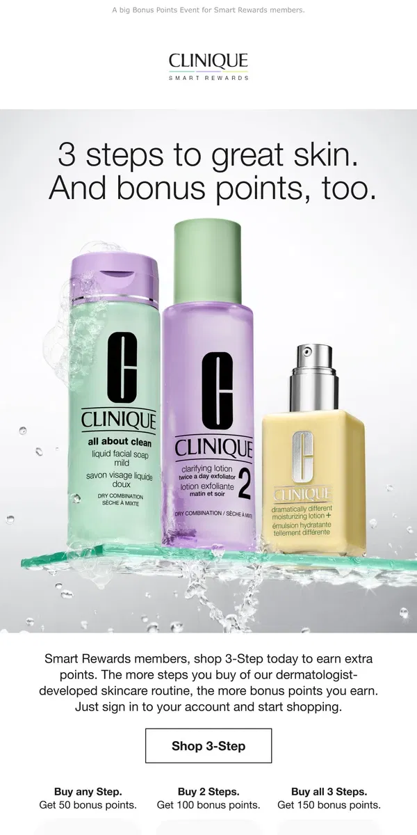 Email from Clinique. Earn ⭐️BONUS POINTS⭐️ with 3-Step.