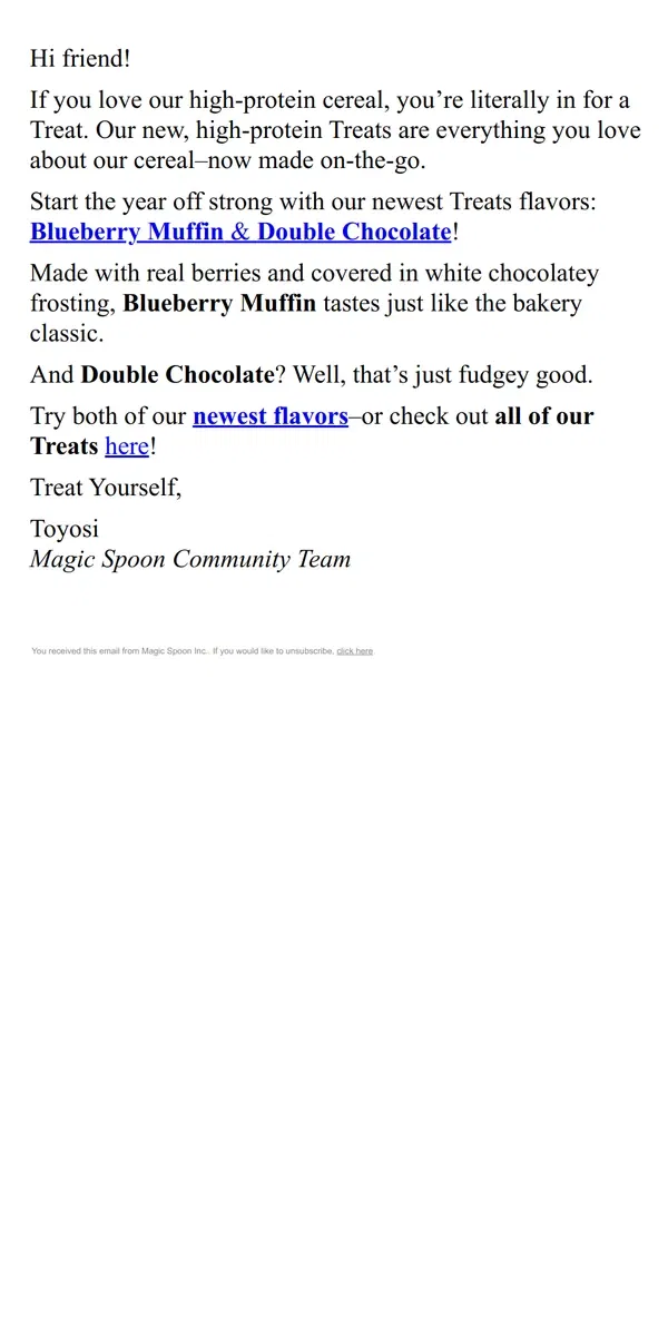 Email from Magic Spoon Cereal. New Treats flavors! 🚨