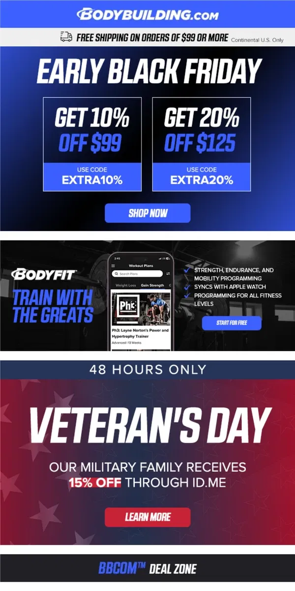 Email from Bodybuilding.com. 🚨  EXTRA SAVINGS! Early Black Friday and Veteran's Day Deals! 🚨