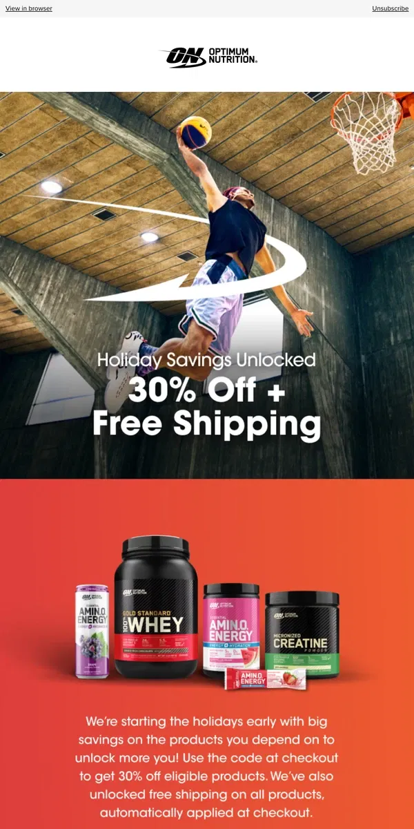 Email from Optimum Nutrition. Holiday Savings Unlocked: 30% Off + Free Shipping ❄️🔐