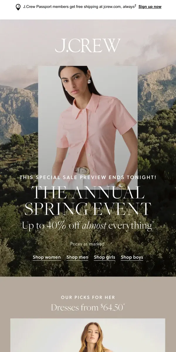 Email from J.Crew. Ends at midnight: up to 40% off almost everything