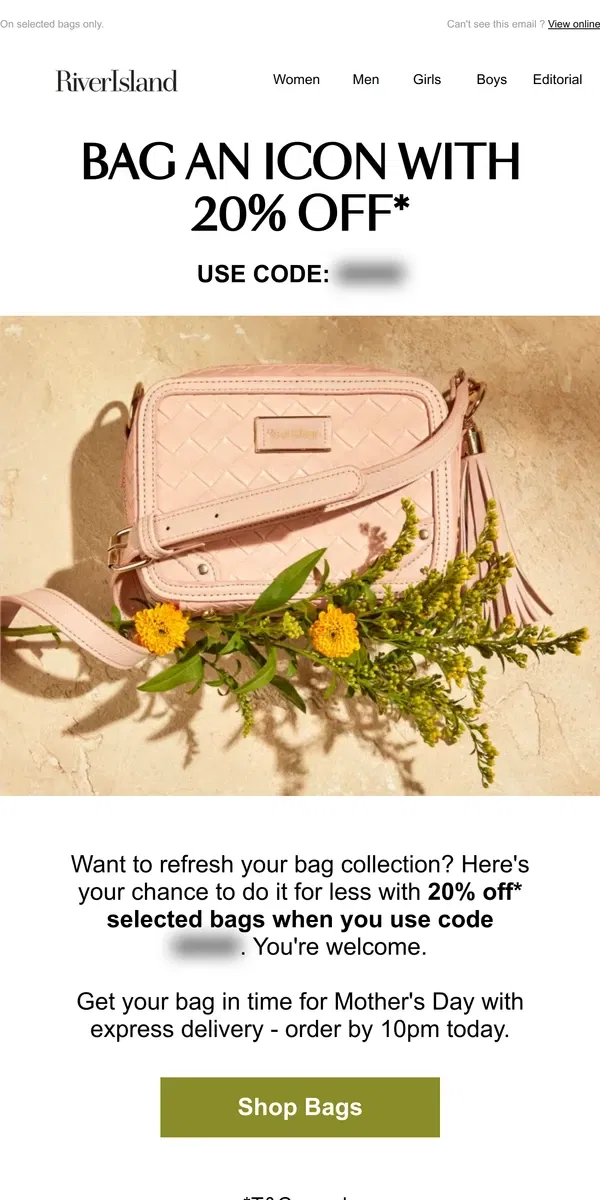 Email from River Island. Bag 20% off